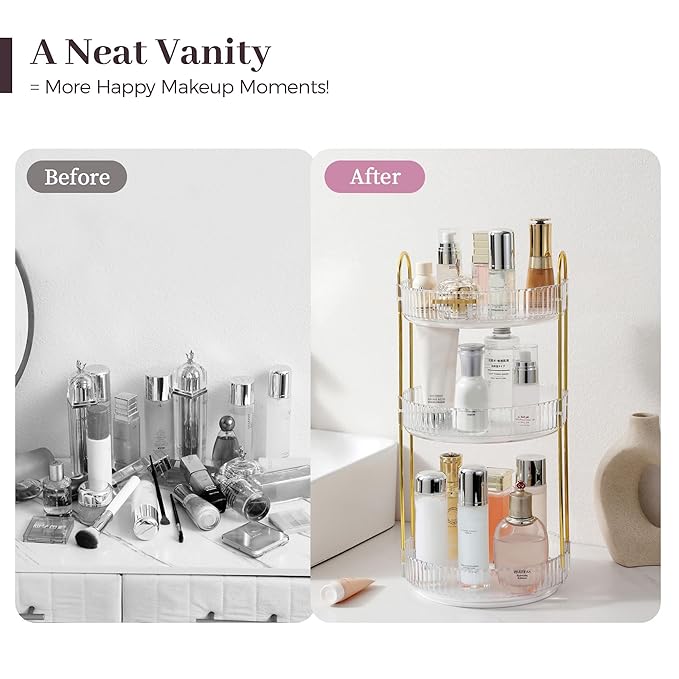 Aveniee Crystal Three-Layer 360° Rotating Cosmetic Stand, Premium Solid Metal Pole Sturdy Construction, Translucent Revolving Beauty Storage Unit for Vanity, Sink or Bathroom Shelf, White