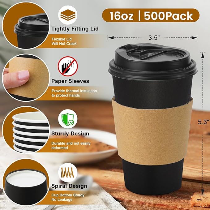 Lamosi 500 Pack 16 oz Disposable Coffee Cups with Lids and Sleeves, Black Leak-Proof To Go Coffee Cups with Lids, Hot/Cold Beverage Black Drinking Cup for Home, Office, Parties, Travel