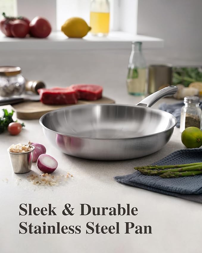 VocVoi Stainless Steel Pan Set, Frying Pan Set, 8/10/12 Inch Stainless Steel Cookware Set, PFOA&PTFE Free Tri-Ply Skillets, Chef's Pan Set, Dishwasher and Oven Safe, Induction Compatible