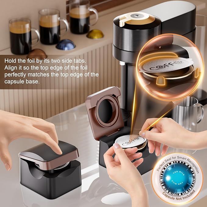 Reusable Vertuo Pods Refill Kit for Nespresso, Upgraded Vertuo Reusable Pods Holder with 100pcs Aluminum Foil Seals Lids, Effortless Press-to-Seal Design, Fits Vertuoline Next Plus Machine(NO PODS)