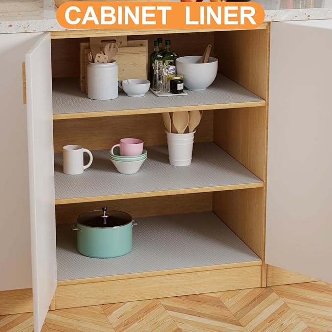 Shelf Liners for Kitchen Cabinets 16-inch: Waterproof Non-Adhesive Drawer Liner Light Gray - 16 in x 300 Inch Easy to Clean Cupboard Mat for Pantry Shelves