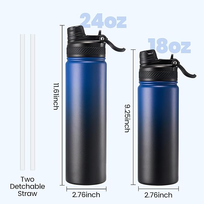 Fijinhom 24 oz Insulated Water Bottle, 2-in-1 Straw and Spout Lid Stainless Steel Thermos, Leak-Proof, Double Wall Vacuum Flask, Keep Cold 24H for Outdoor, Sports, Travel, School (Blue&Blck)