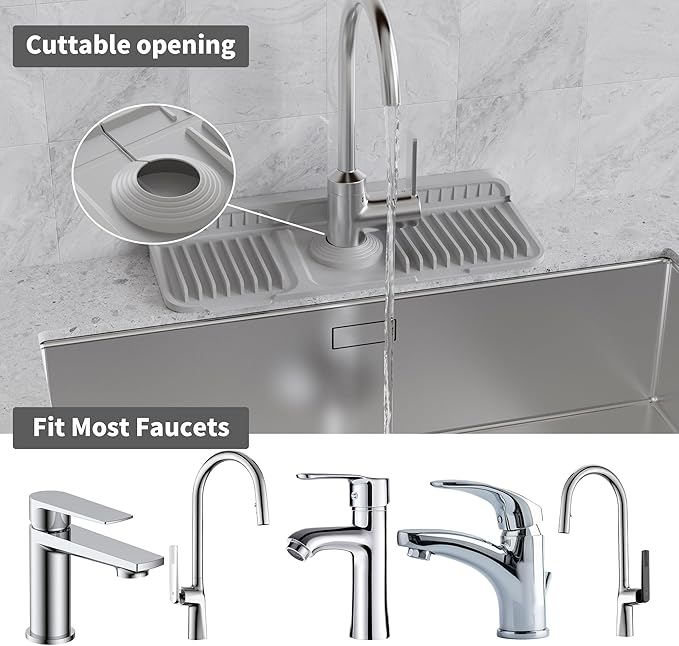 WAFT YEARN 14X5 Inch Silicone Durable Faucet Mat Kitchen Sink Splash Guard Draining Protector Tray Liner Absorbent Protective Counter Accessories For Sink Kitchen Bathroom Laundry Room Bar & RV Grey