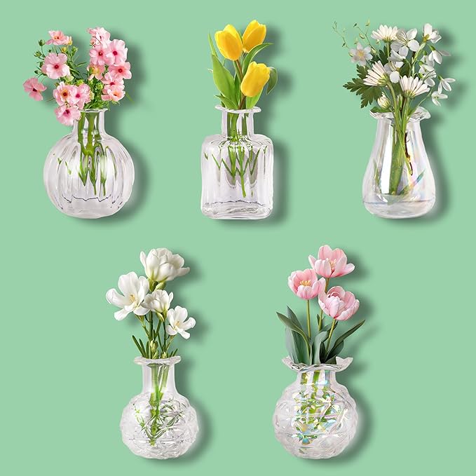 ZOYVUX Cute Mini Vase Magnets for Fridge, Tiny Plant Glass Vases with Flowers, Magnetic Refrigerator Decor for Kitchen, Office, Locker (5 Pack)