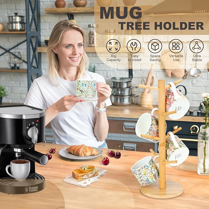 8 Hooks Large Capacity Mug Holder Tree, Bamboo Mugs Trees for Counter, Detachable Cup Stand Holders Coffee Bar Accessories