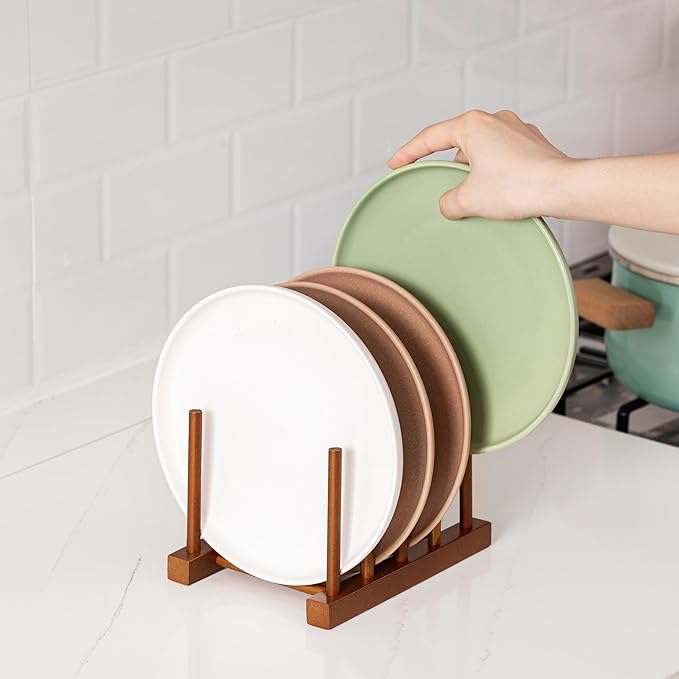 HBlife 4pcs Teak Dish Plate Bowl Cup Book Pot Lid Cutting Board Drying Rack Stand Drainer Storage Holder Organizer Kitchen Cabinet（Keep Dry）