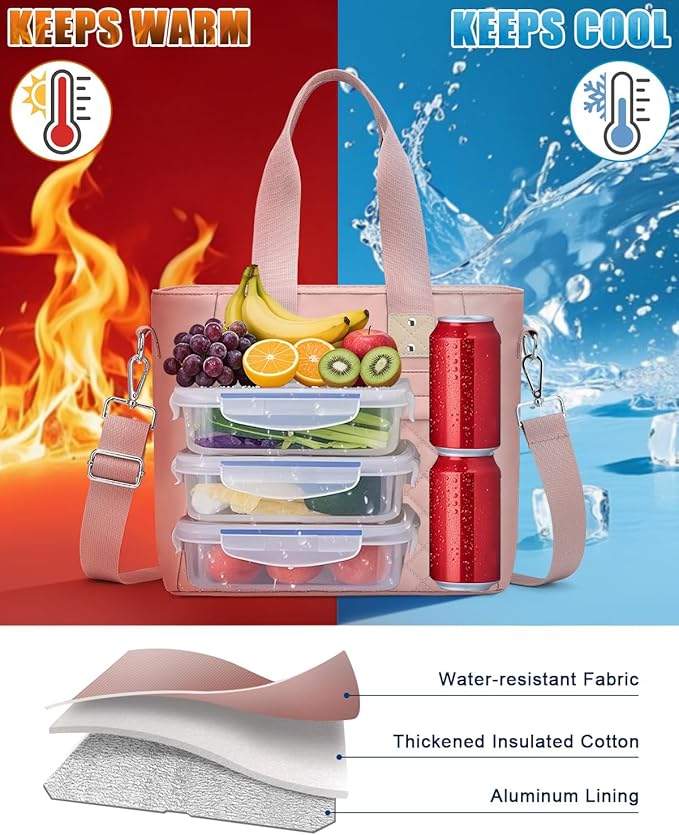Insulated Lunch Box for Women & Men - Large Thermal Lunch Bag Women with Removable Shoulder Strap, Reusable Lunch Cooler Tote Bags Purse for Adults Work, Picnic, Hiking, Beach, Travel, Medium, Pink
