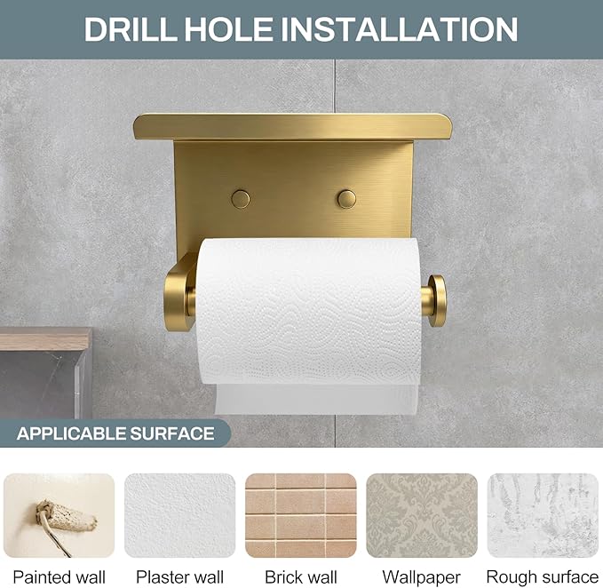 SetSail Toilet Paper Holder with Shelf Adhesive or Screw-in Bathroom Toilet Paper Roll Holders Wall Mount Gold Tissue Holder for Bathroom Hardware Accessories