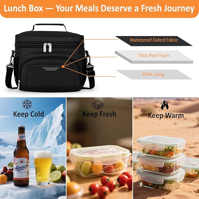 Vankor Lunch Box for Men Women, Insulated Lunch Bag Reusable Leakproof Cooler Lunch Tote Bag with Adjustable Shoulder Strap for Work Office Picnic Beach Travel, Black