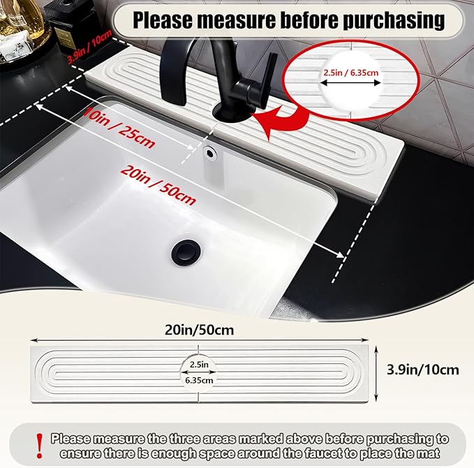 Faucet Mat For Kitchen Sink, 20" Diatomite Absorbent Faucet Mat, Sink Stone Quick Dry Around Faucet, Super Absorbent, Sink Splash Guard For Kitchen Counter (White)