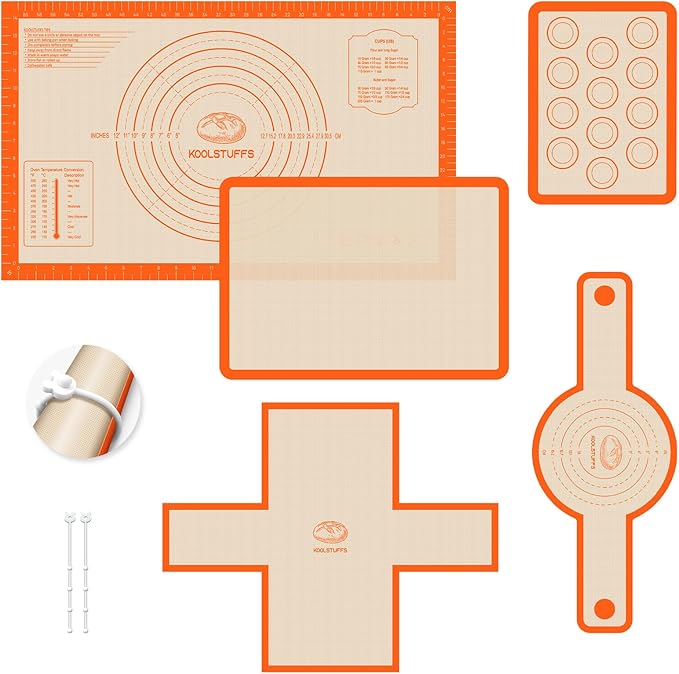Silicone Baking Mat Set of 5, Nonstick Reusable Pastry Mat, Silicone Bread Sling & Loaf Pan Liners for Bread, Macaron Baking Mat for Cookie, Macarons