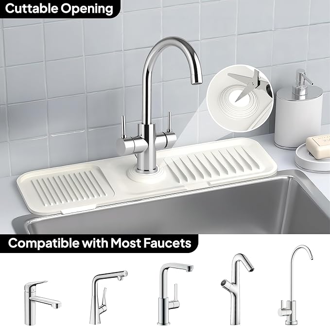 17 Inch Silicone Faucet Mat for Kitchen Sink Splash Guard & Draining Tray Sink Protector with Soap & Sponge Holder White (Purest Peak)