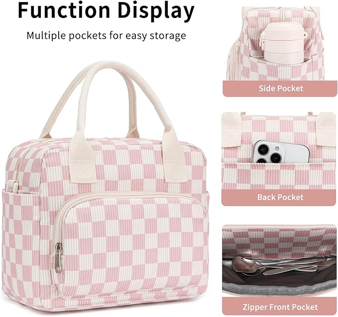 Lunch Bag Women Lunch Box for Women Adult Cute Insulated Lunch Bag Lager Cooler Lunch Tote Bags for Work Picnic (Beige-Pink Plaid)