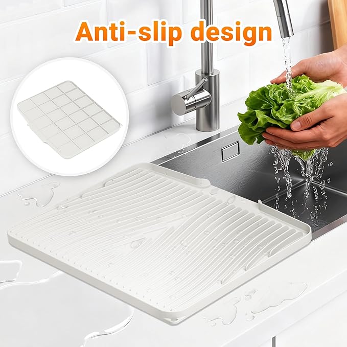 Silicone Dish Drying Mat for Kitchen Counter, Dish Drying Pad, Non-Slip Drain Pad with Built-in Drain, Heat Resistant Stone Drying Mat,Cream-1Set