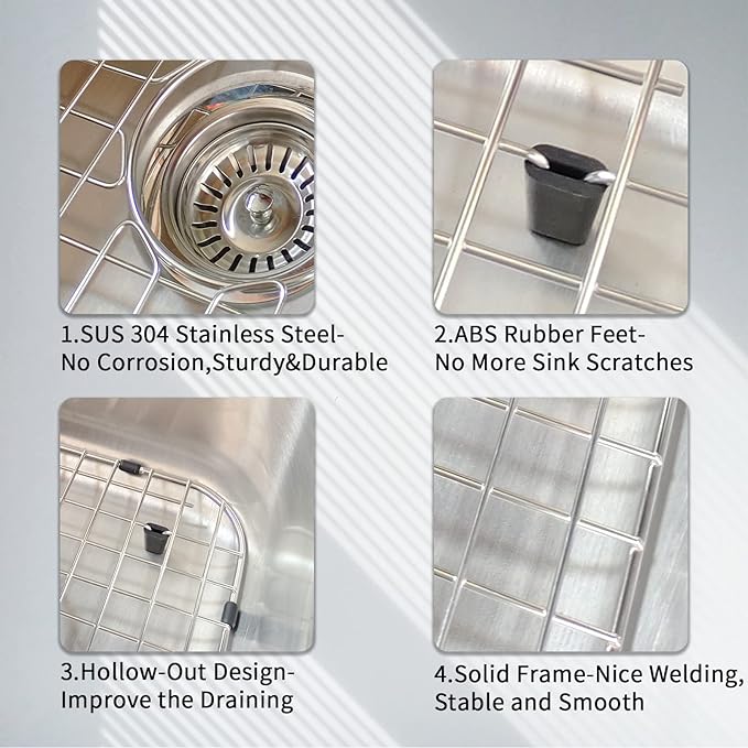 2 Pack 11-3/4"x13-7/8 Sink Grid - 304 Stainless Steel Heavy Duty Kitchen Sink Protector Rack with Center Drain & Built-in Strainer, Scratch Resistant Bottom