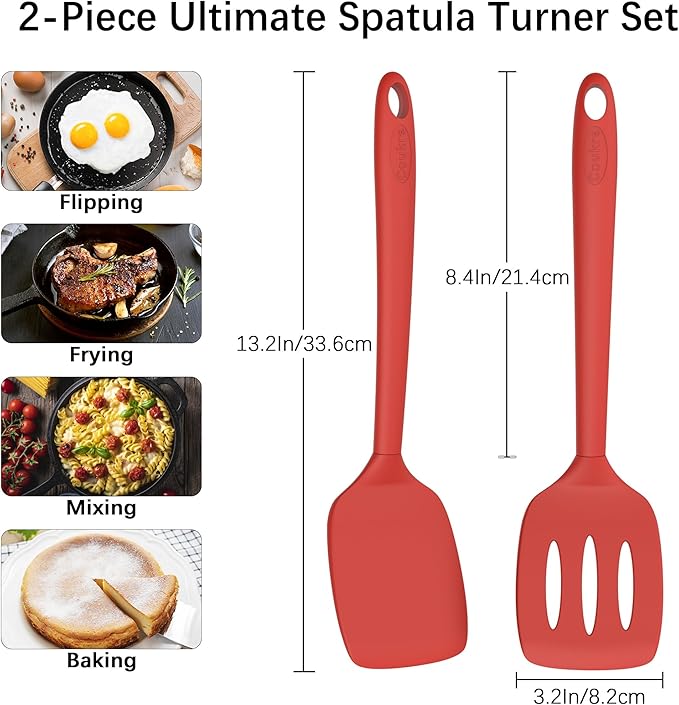Coukre 2 Pack Silicone Spatula Set, High Heat Resistant, BPA Free Kitchen Spatula, Solid & Slotted Turner for Non-Stick Pans, Sautéing, and Flipping (2, SolidRed)