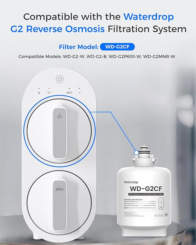 Waterdrop G2-2CF Filter, Replacement for G2 & G2P600 Reverse Osmosis System, 12-month Lifetime, 2-Pack