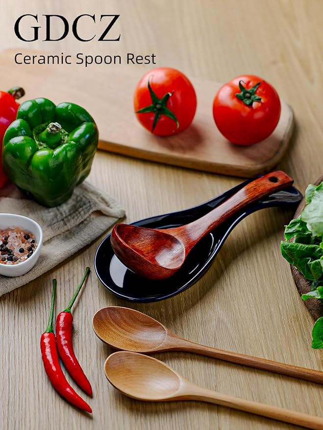 GDCZ Porcelain Spoon Rest - Large Spoon Holder Utensil Rest for Kitchen Counter Stove Top, Dishwasher Safe (Navy-Black)
