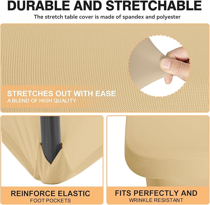 2 Pack 6 Feet Champagne Spandex Tablecloth for Rectangular Tables, Fitted & Stretch, Washable, Wrinkle Resistant, Perfect for Event, Wedding, Party, Banquet, Cocktail, Festival, and Table Protector