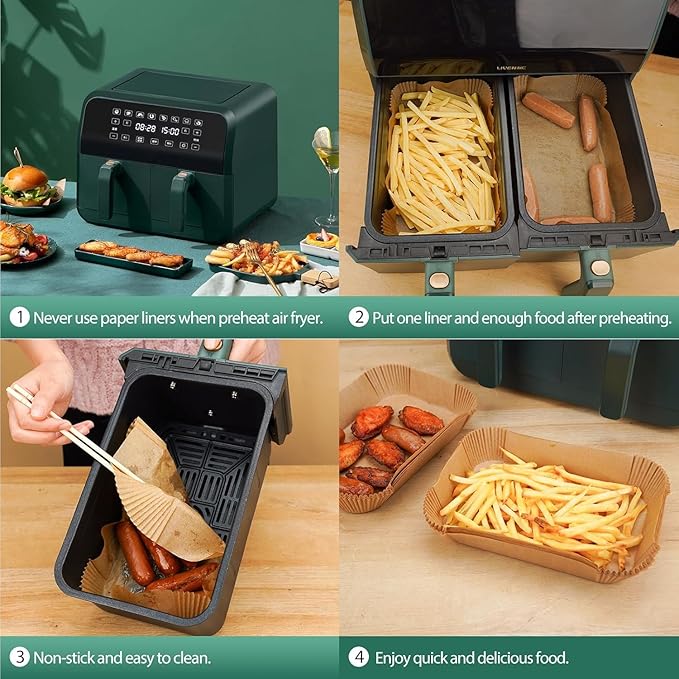 Air Fryer Paper Liners, 205 PCS Non-Stick Parchment Paper, 8.5-Inch Rectangle Disposable Air Fryer Liners for 8-12 QT Basket, Water-Proof & Oil-Proof Airfryer Liners for Baking, Roasting, Microwave