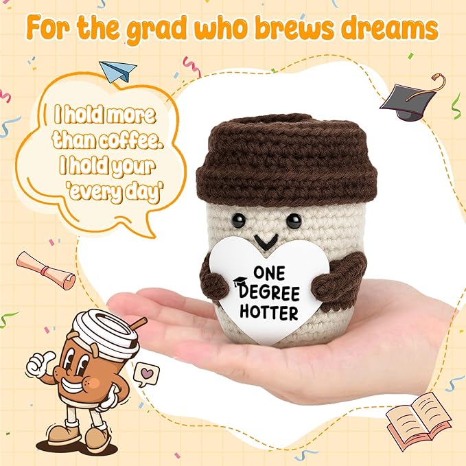 Graduation Gifts for Her Him College High School University Grad Gifts for Women Men Handmade Positive Crochet Coffee Mug One Degree Hotter 2026 Funny Masters Degree Graduation Party Decorations