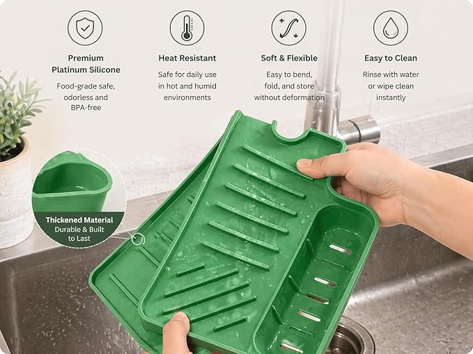 Silicone Kitchen Sink Splash Guard Faucet Mat with Deep Storage Trays,for Sponge Brush,Sloped Draining, Countertop Protector,For Tidy Homes,Renters,Bonus Sponge(5.1"W x 9.5"H)