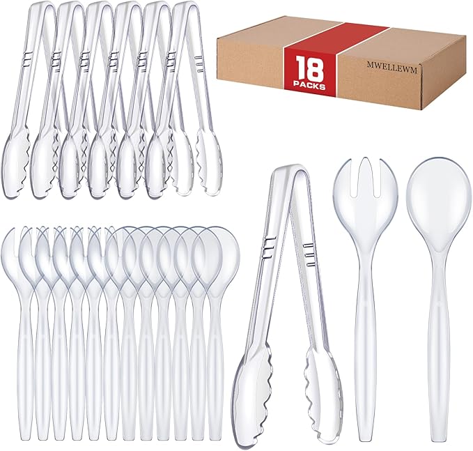 Mwellewm 18Pcs Serving Utensils, 10'' Plastic Serving Utensils Set, Large Disposable Serving Spoons for Buffet, Tongs for Serving Food, Party Supplies for Salad Soup Noodles Dinner Catering(Clear)