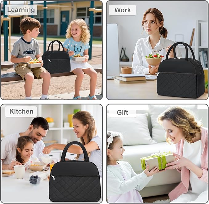 KUBYA Lunch Bag Lunch Box for Women Men Insulated Reusable Large Lunch Tote Bag Adult Leakproof Simple Cooler Bag for Office Work Picnic Beach or Travel, Black