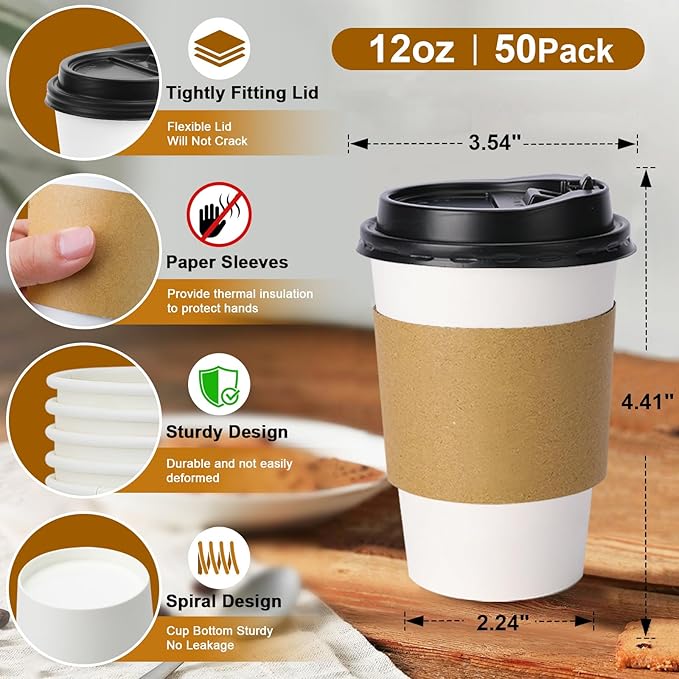 Lamosi 50 Pack 12 oz Disposable Coffee Cups with Lids and Sleeves, Leak-Proof To Go Coffee Cups with Lids, Hot/Cold Beverage White Drinking Cup for Home, Office, Parties, Travel