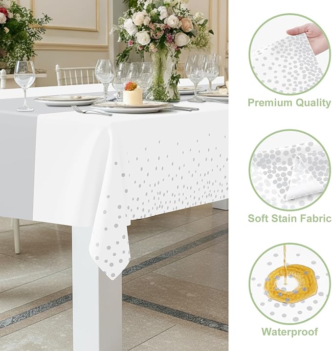 Smiry Plastic Table Cloth Disposable 3 Pack, 54 x 108 Inch Rectangle Waterproof Tablecloth, Printed Gold Table Runner Style for Birthday Weeding, Party, Leakproof & Sturdy, White and Sliver