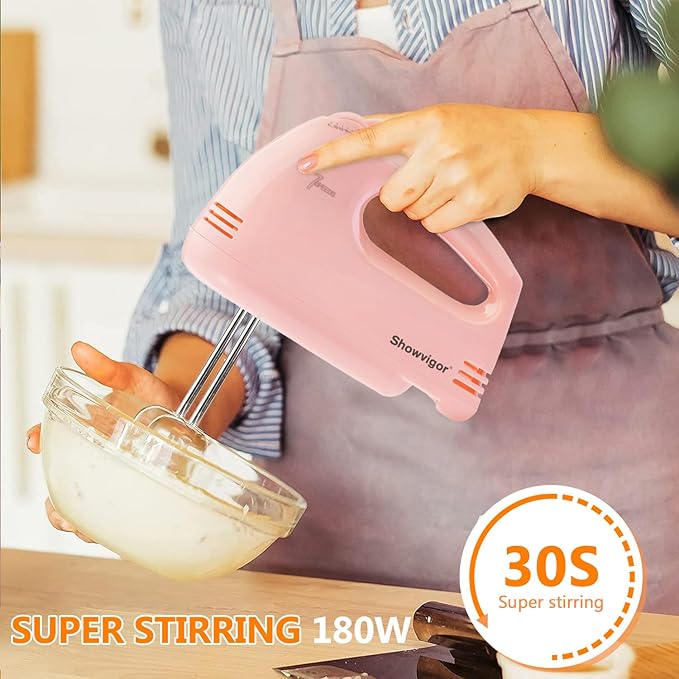 Handmixer Electric Handheld - 7 Speed Portable Kitchen Mixer Electric with 5 Stainless Steel Accessories Whisk, Food Beater for Whipping Mixing Cookies Cakes Eggs, Pink