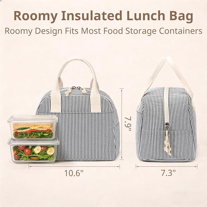LOVELYWIND Insulated Lunch Bag for Women, Reusable BLack Striped Lunch Box Cooler Bag with Large Capacity, Durable Lunch Tote for Work