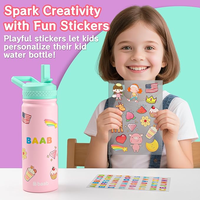 baab 18oz Kids Water Bottle, Insulated Water Bottle with Straw & Stickers, 18/8 Stainless Steel Vacuum Leakproof Kids Water Straw Cup for School, Perfect for Boy Girl (Pink, 1 Pack)