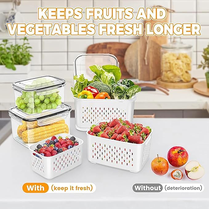 3Pcs 4 in 1 Fruit Containers for Fridge with Removable Colanders and Lids, Airtight Storage Container to Keep Fruits, Vegetables, Berry, Meat Fresh Longer, Dishwasher & Microwave Safe