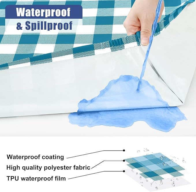 Smiry Picnic Table Cloth 2 Pack, Waterproof Elastic Fitted Tablecloths for 8FT Rectangle Tables, Washable Polyester Buffalo Plaid Tablecloth for Camping & Outdoor (Turquoise & White, 30" x 96")
