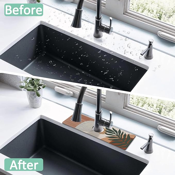 2 Pack Kitchen Sink Splash Guard Faucet Mat 24" X 5.5" Boho Absorbent Fast Drying Mat Faucet Draining Mat Sink Splash Guard Behind Faucet Drip Catcher for Kitchen Bathroom