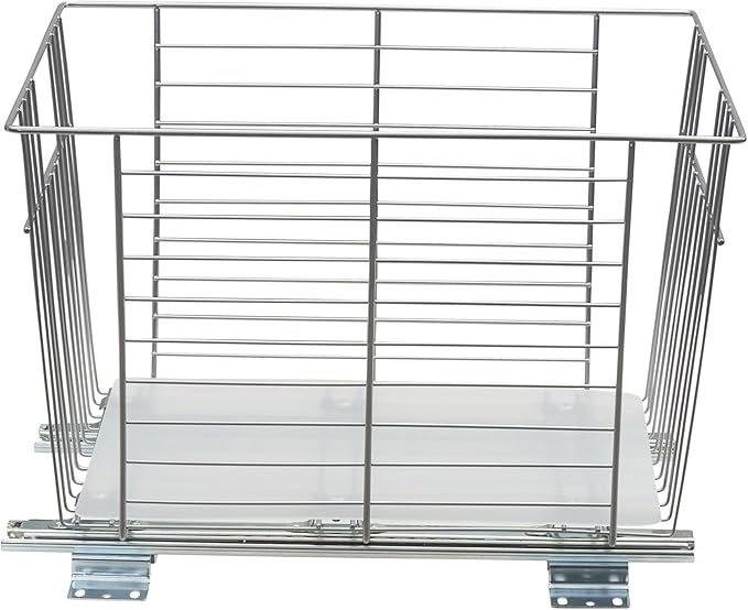 Household Essentials Glidez Steel Pull-Out/Slide-Out Storage Organizer with Plastic Liner for Under Cabinet or Wire Shelf Use - Produce Bin Design - Fits Standard Size Cabinet or Shelf, Brushed Silver