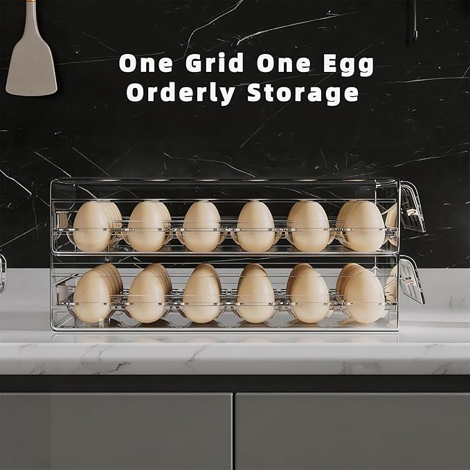 HIYOHIYO Clear 24 Egg Holder for Fridge, Large Egg Organizer for Refrigerator, Stackable Egg Storage Trays for Countertop, Eggs Drawer Dispenser with Time Scale (2 Layer, 7.9"x 6.3"x 5.5")