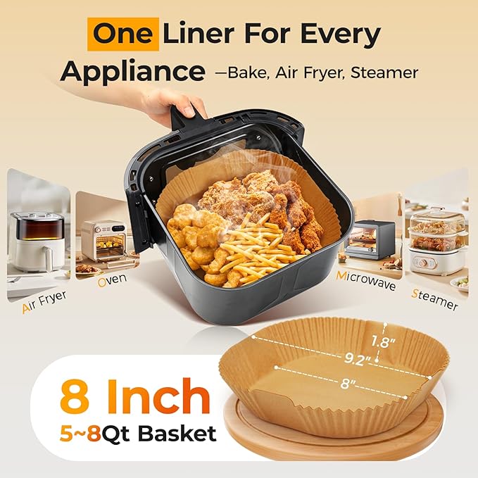 Air Fryer Paper Liners, 205 PCS Non-Stick Disposable Air Fryer Liners, 8-Inch Square Parchment Paper for 5-8 QT Basket, Water-Proof & Oil-Proof Airfryer Liners for Baking, Roasting, Microwave, Oven
