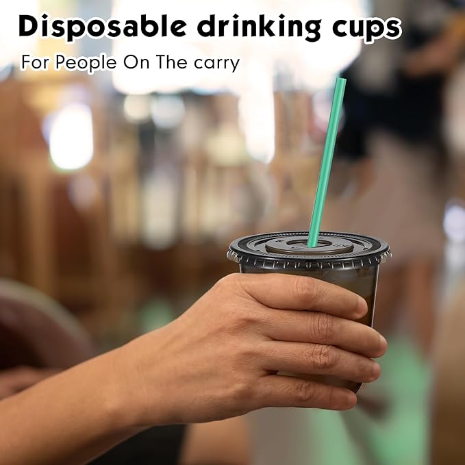Baderke 25 Set Plastic Cups with Lids and Straws, Disposable Plastic Iced Coffee Cup for Cold Beverage Juice Smoothie Crystal for Coffee Shops Party Catering (Black,12 oz)