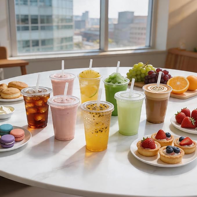 100 Pack 20oz Plastic Cups with Lids and Straws, Clear Disposable Plastic Cups, Heavy Duty Iced Coffee Cups with Leak-Resistant Lids, Cold Drink Cups for Smoothies, Juice, Soda & Party To Go