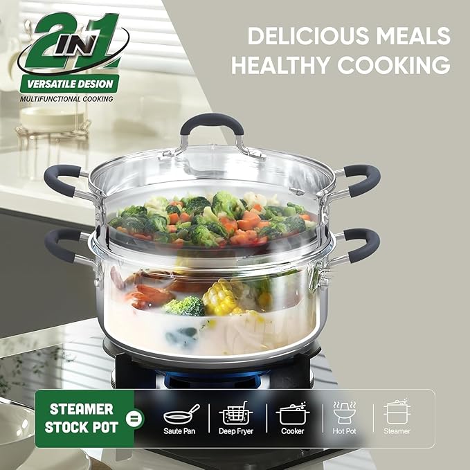 SUNHOUSE Stainless Steel Steamer Pot for Cooking - 3.1 QT Steaming Pot with Glass Lid & Steamer Basket - 2 Tier Tri-ply Vegetable Steamer with Stay-Cool Silicone Handles - Induction Compatible