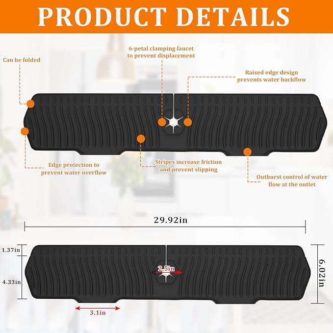 30 Inch Sink Splash Guard,Longer Silicone Sink Mat for Kitchen Bathroom,Kitchen Faucet,Silicone Sink Faucet Mat Splash Guard, Drip Protector Splash Countertop (Black)