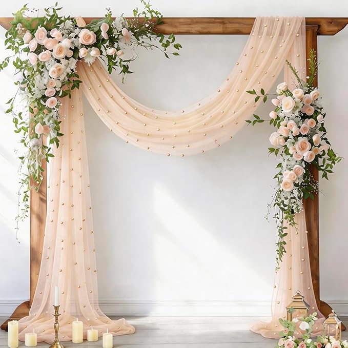 Socomi Pearl Table Runner Peach Summer Wedding Arch Draping Fabric 19FT Sheer Tulle Chiffon Gauze Cheese Cloth Outdoor Drapes for Birthday Party Baby Shower Bridal Engagement Decor