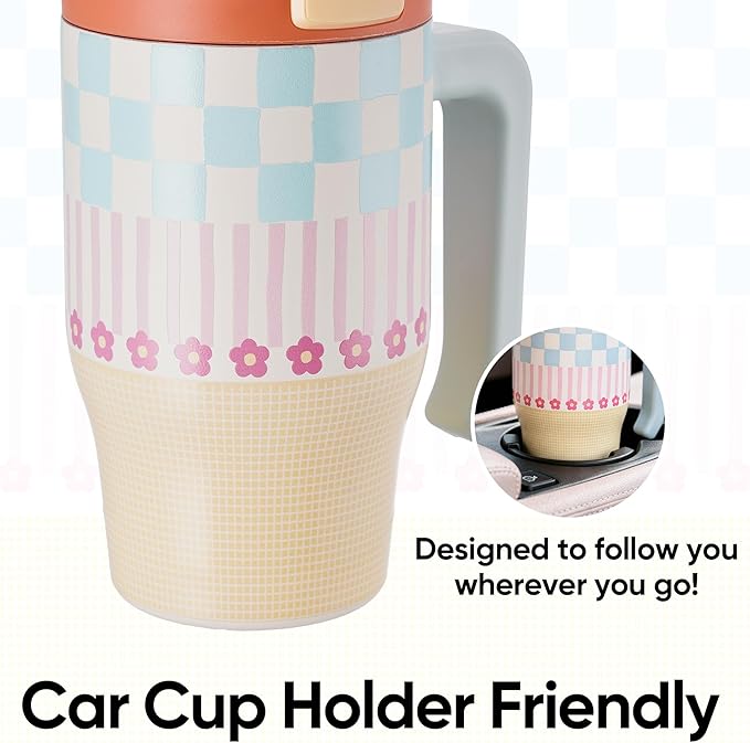 Fijinhom 18 oz Toddler Tumbler with Handle, Stainless Steel Insulated Water Bottle Coffee Mug with Straw, Toddler Cups, Kids Water Bottle for School, Sports, Travel, Checkered Petal