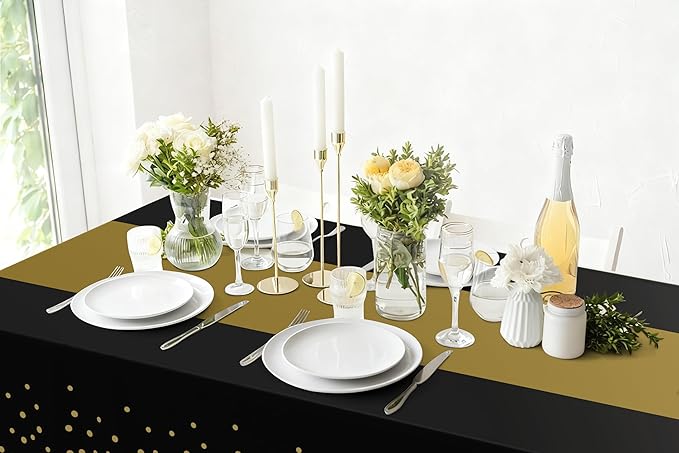 Smiry Plastic Table Cloth Disposable 10 Pack, 54 x 108 Inch Rectangle Waterproof Tablecloth, Printed Gold Table Runner Style for Birthday Weeding, Party Decorations, Leakproof & Sturdy, Black and Gold