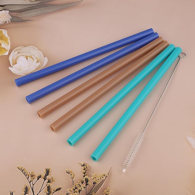 Joshey 6PCS Replacement Straws for Owala FreeSip 24oz & 32oz Water Bottles - Reusable Plastic Straws with 1 Cleaning Brush, Travel Tumbler Accessories Parts - 3 Colors (Brown, Royal-Blue, Green)