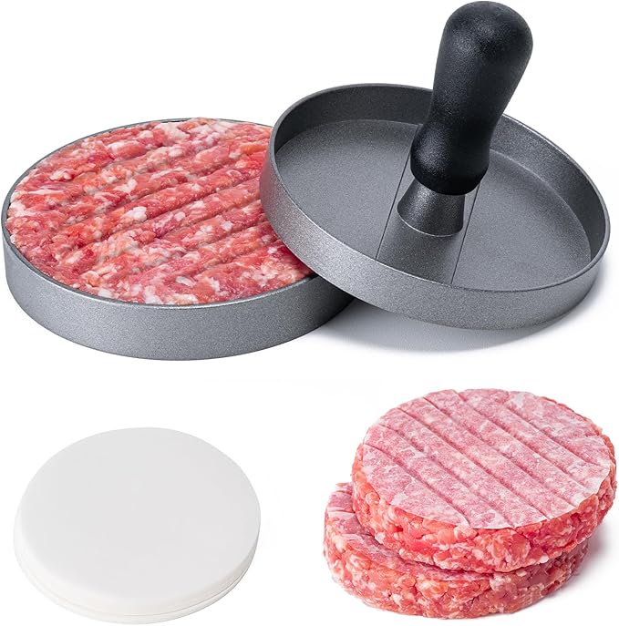 Burger Press 100 Patty Papers Set,4.6 Inch Round Smasher,Non-Stick Hamburger Patty Maker with Wax Paper,Aluminum Burger Maker for Kitchen BBQ Meat Beef Cheese Veggie Burger Maker
