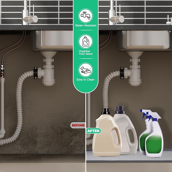 TRZZ Silicone Waterproof Under Sink Mat 34" x 19", Drip Tray and Cabinet Liner for Kitchen and Bathroom, Prevents Water Damage and Organizes Cabinets (Grey)