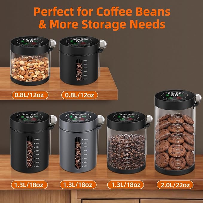 Automatic Vacuum Coffee Canister, 1.3L Coffee Container with Smart Pressure Sensor,LED Display,Window,Scoop Rechargeable Airtight Electric Coffee Bean Storage for Home Kitchen Ground Food Tea Storage